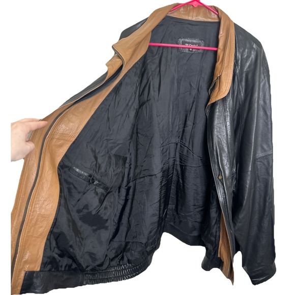 St Croix Shop Brown Black Two Tone Leather Double Collar Bomber Jacket 2XL Sz 50 - Picture 8 of 13